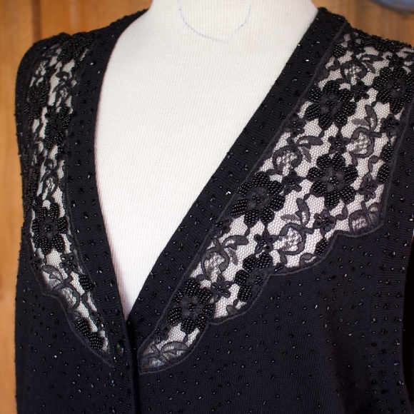 Vintage Talbots 100% Wool Beaded & Lace Knitted Black Button Down Vest Size L - Picture 10 of 16